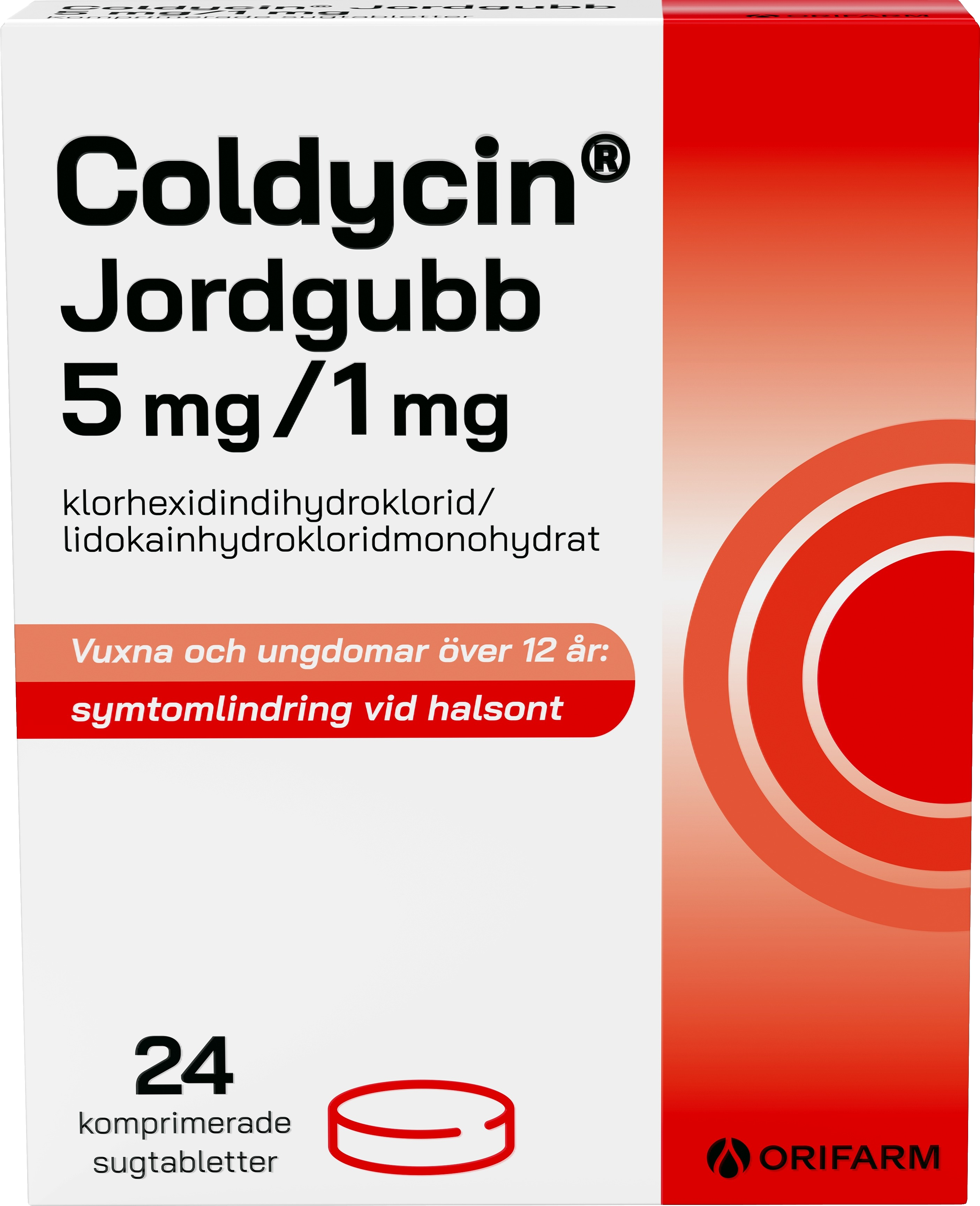 Coldycin Jordgubb, komprimerad sugtablett 5 mg/1 mg