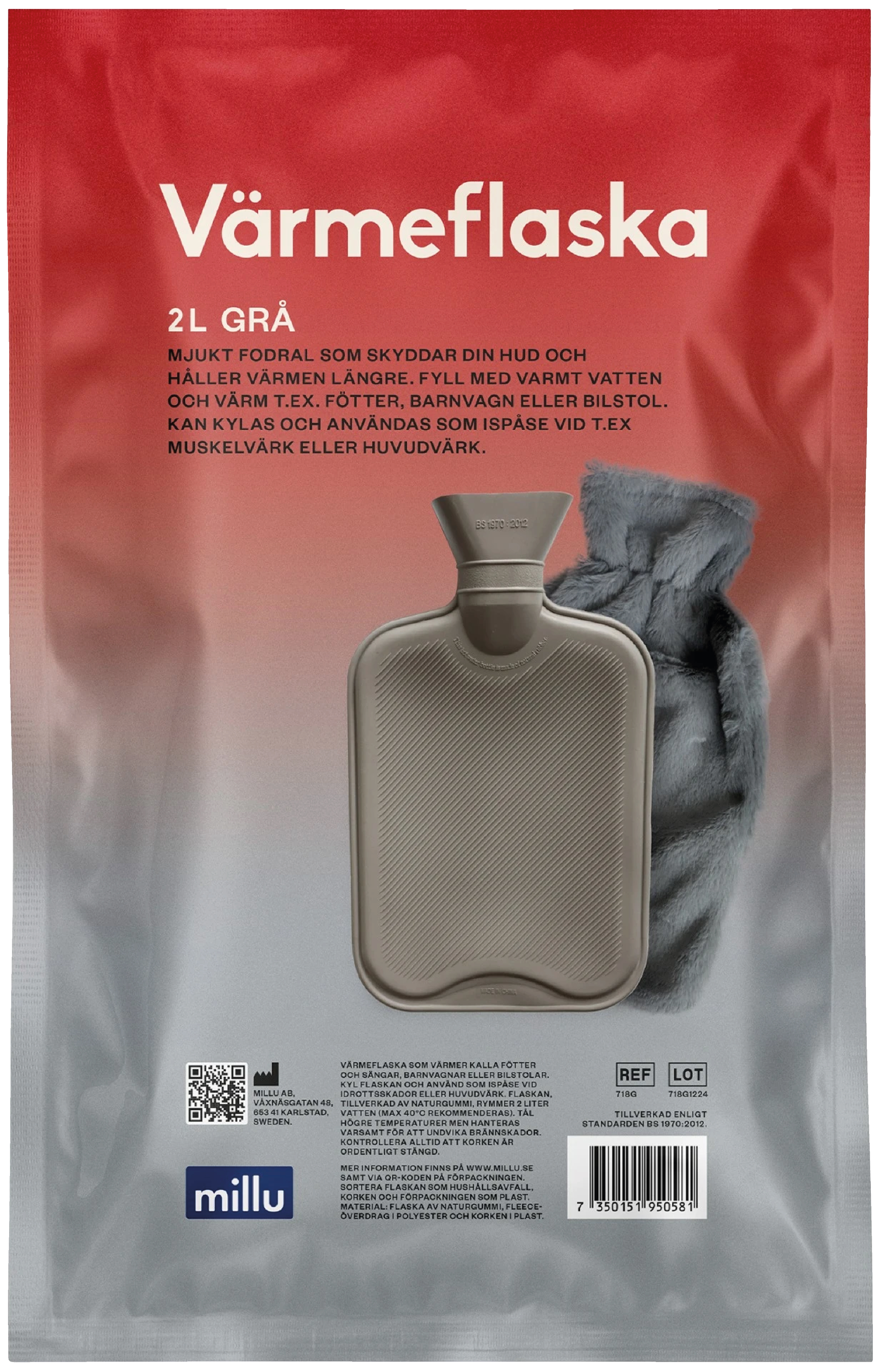 Millu Värmeflaska + Överdrag Grå