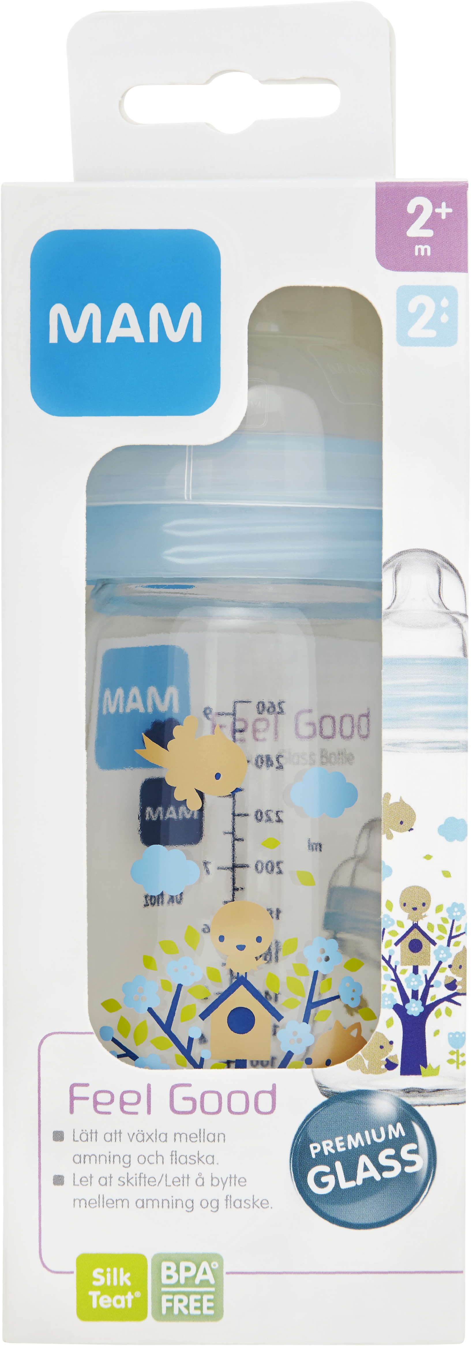 MAM Feel Good nappflaska glas 260 ml – blandade färger och mönster 1 st