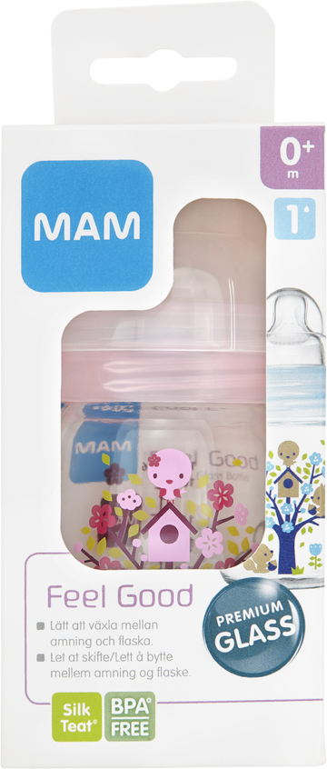 MAM Feel Good nappflaska glas 170 ml - blandade färger och mönster