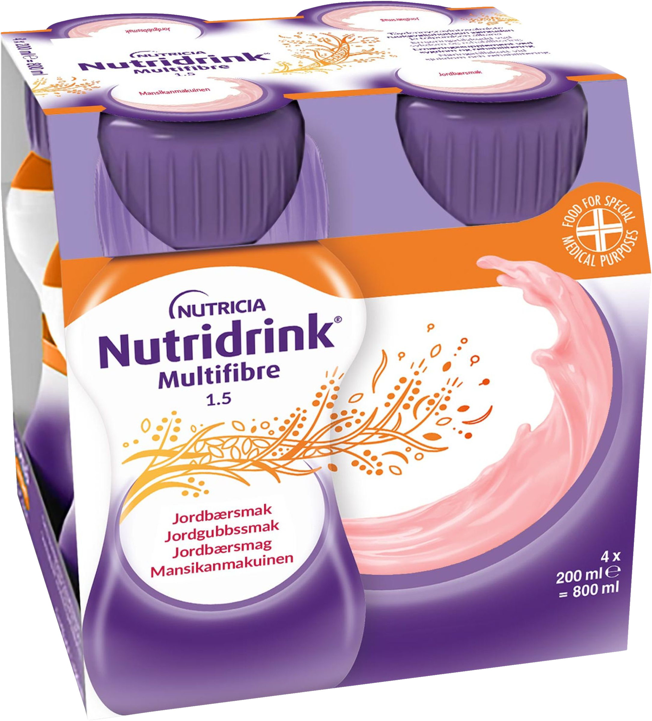 Nutridrink Multi Fibre, jordgubb, energirikt, komplett kosttillägg med kostfiber