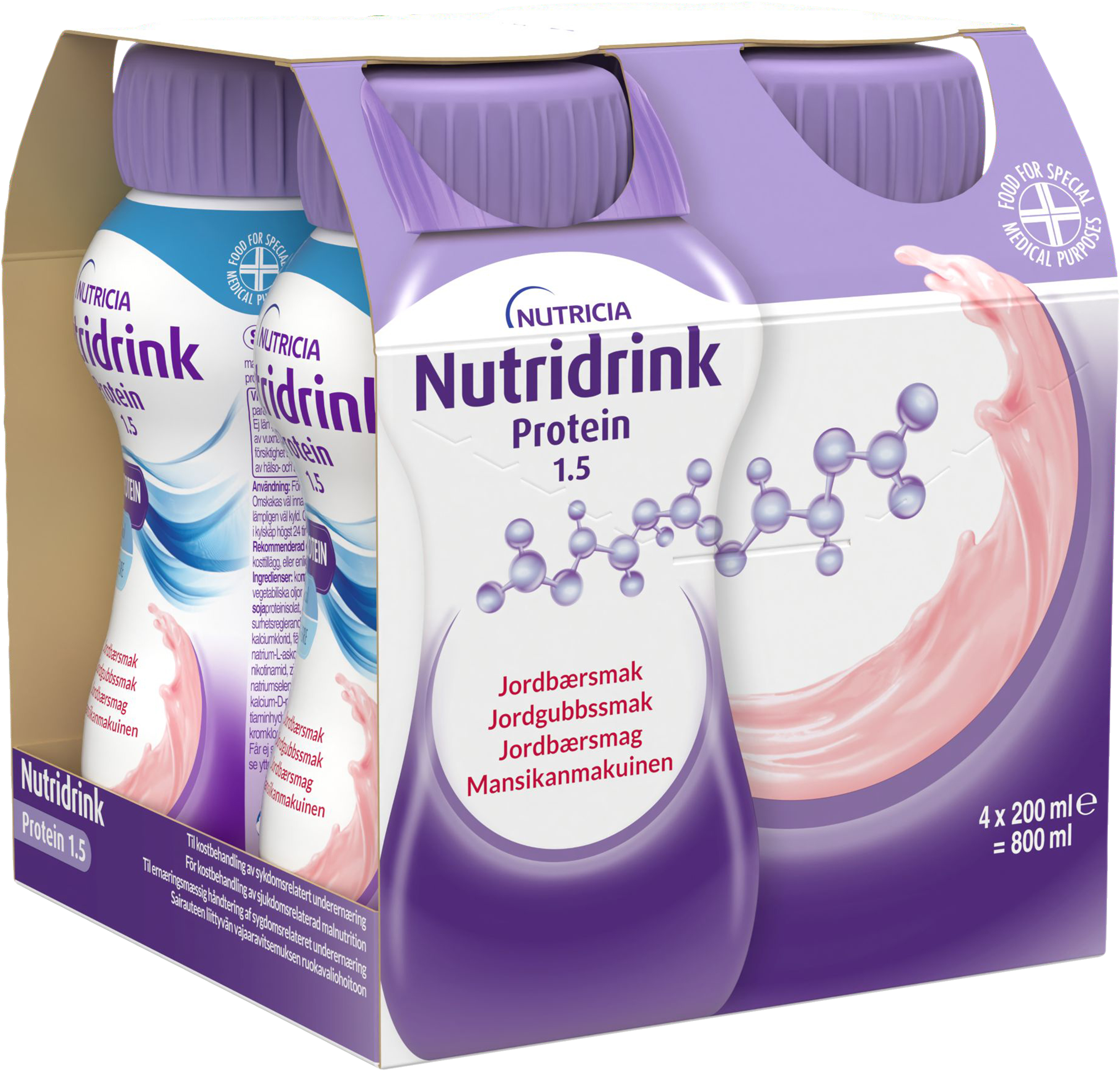 Nutridrink Protein, jordgubb, energi och proteinrikt kosttillägg 4 x 200 milliliter