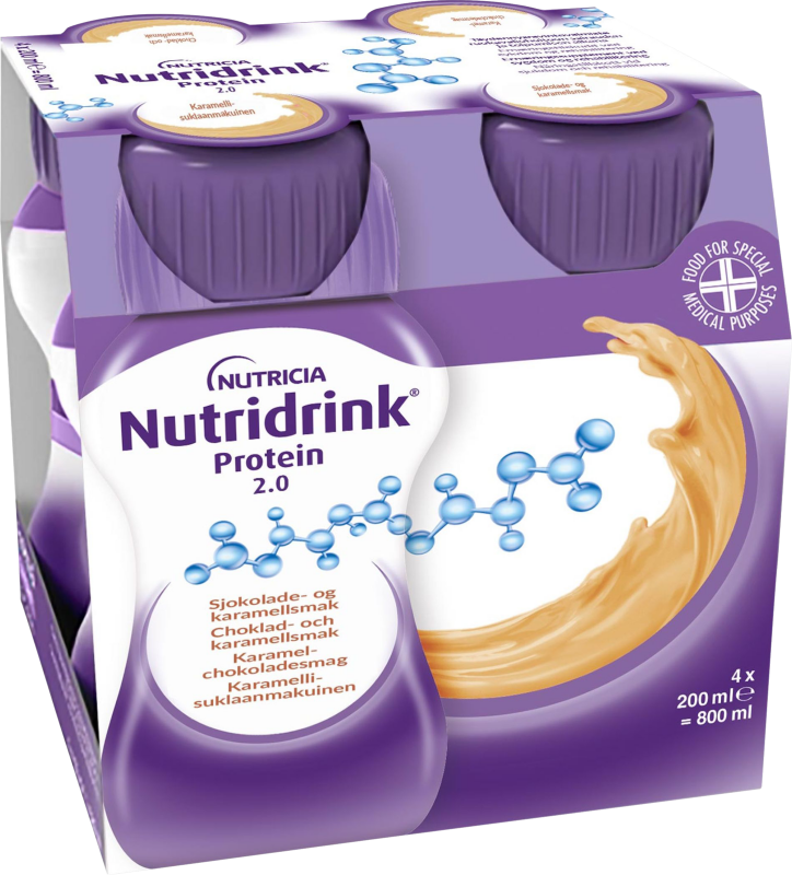 Nutridrink Protein 2.0 choklad-karamell, extra energi och proteinrikt, 2 kcal/ml 4 x 200 milliliter