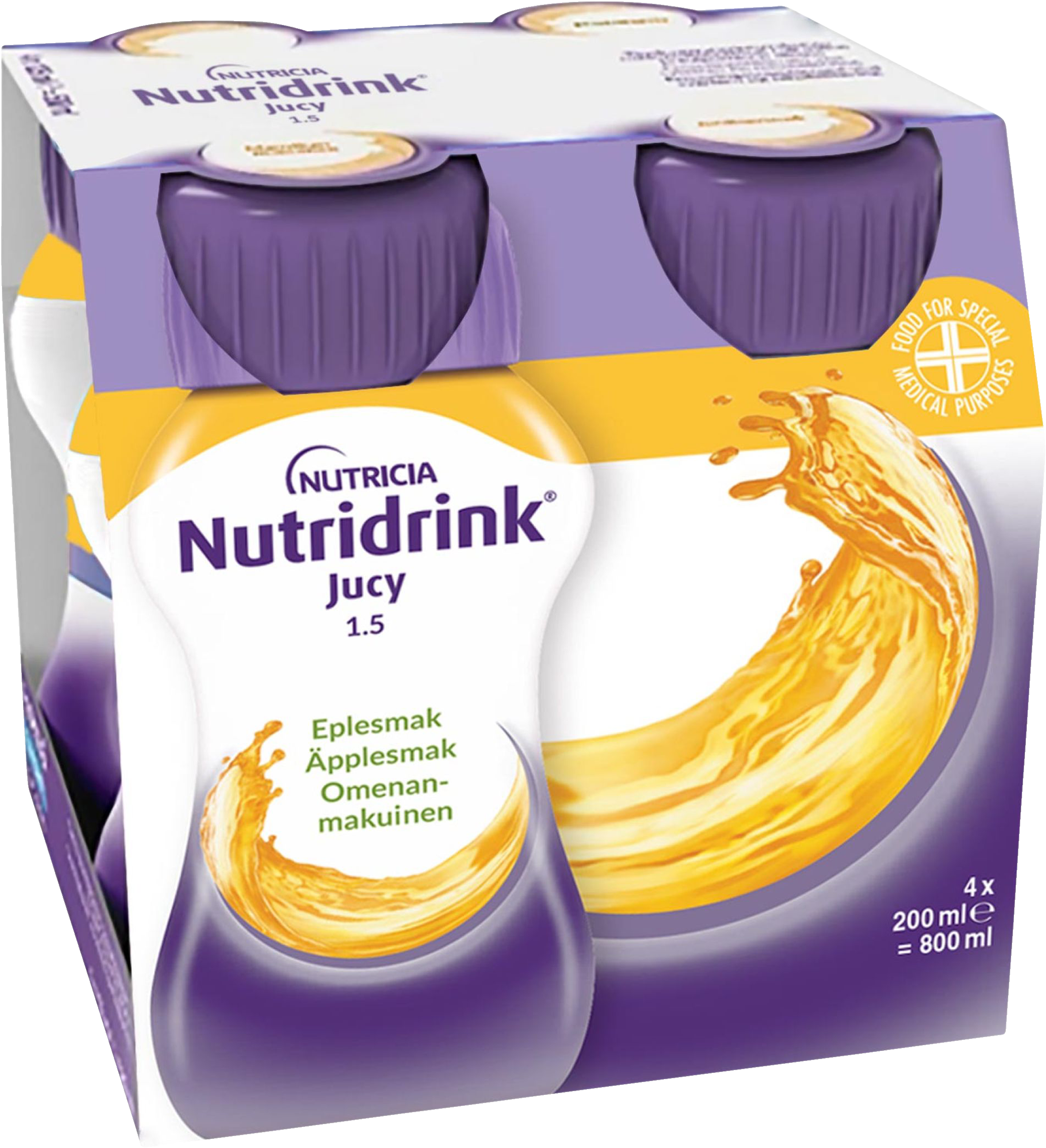 Nutridrink Jucy, äpple, energirikt kosttillägg, klar, fettfri 4 x 200 milliliter