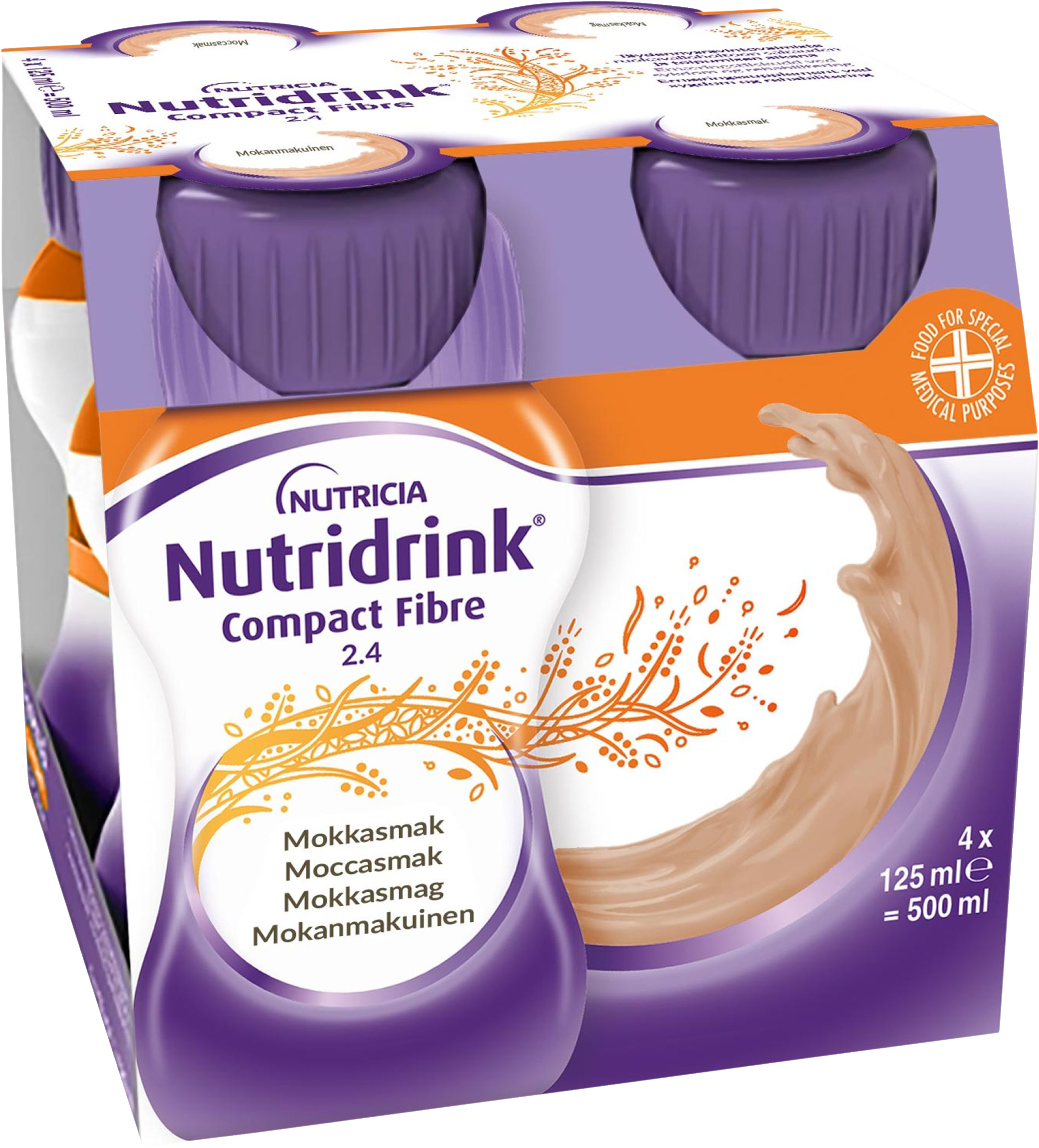 Nutridrink Compact Fibre, mocca, energirikt, komplett med kostfiber 4 x 125 milliliter