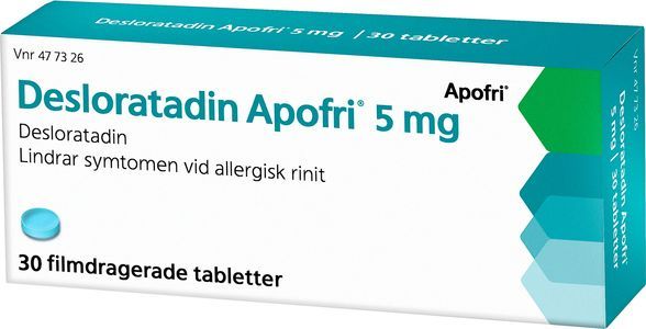 Desloratadin Apofri 5 mg.
Lindrar symtomen vid allergisk rinit.
30 filmdragerade tabletter.