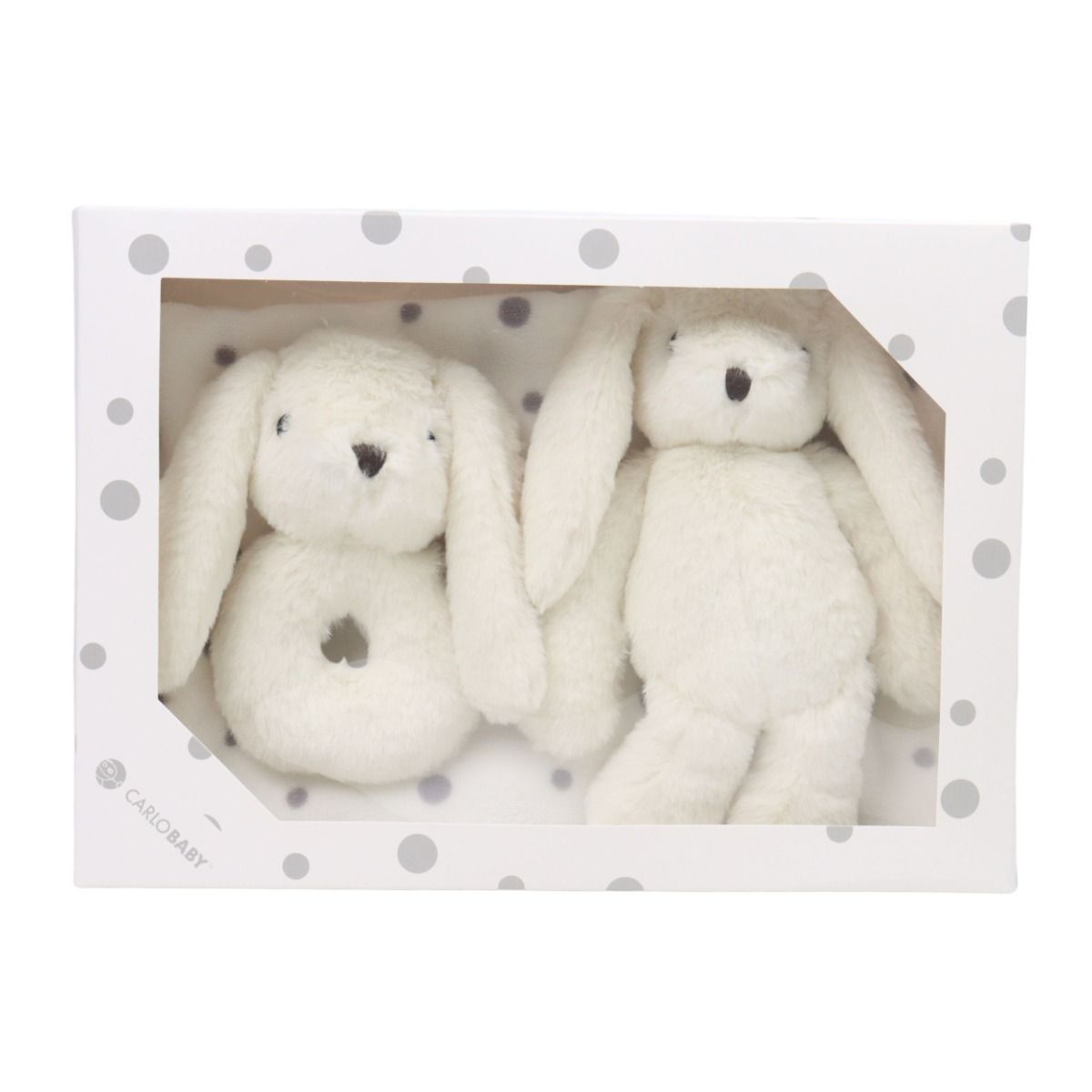 Carlo baby gift set med vit kanin, skallra och filt grå prick 1 st