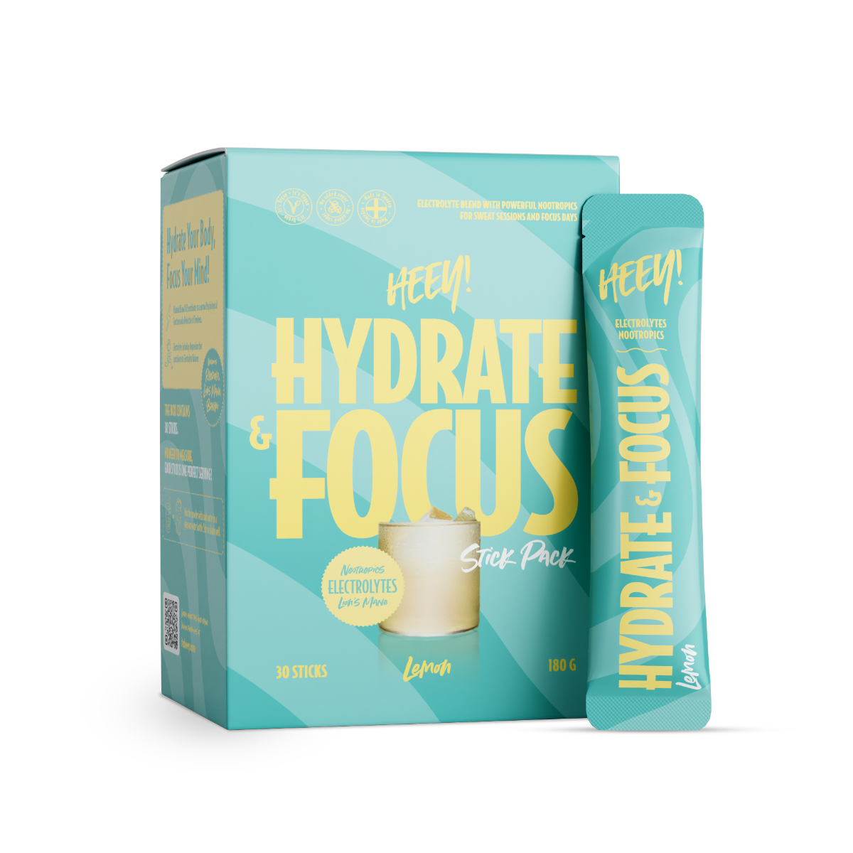 Heey! Hydrate & Focus Electrolytes + Lions Mane, Lemon, Stick Pack 30 x 6 g