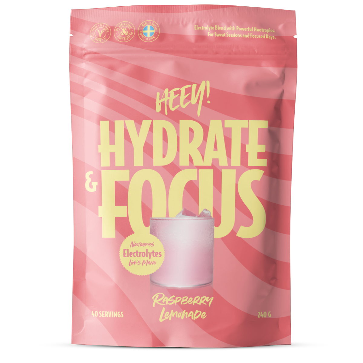 Heey! Hydrate & Focus Electrolytes, Raspberry Lemonade, 240 g