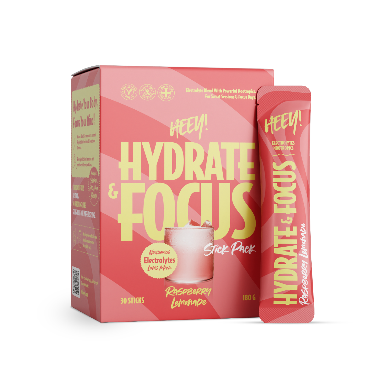 Heey! Hydrate & Focus Electrolytes, Raspberry Lemonade, Stick Pack 30 x 6 g