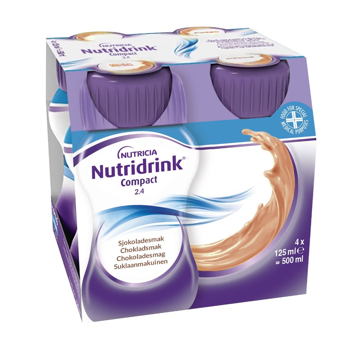 Nutridrink Compact, choklad, energirikt, komplett kosttillägg i liten volym 4 x 125 milliliter