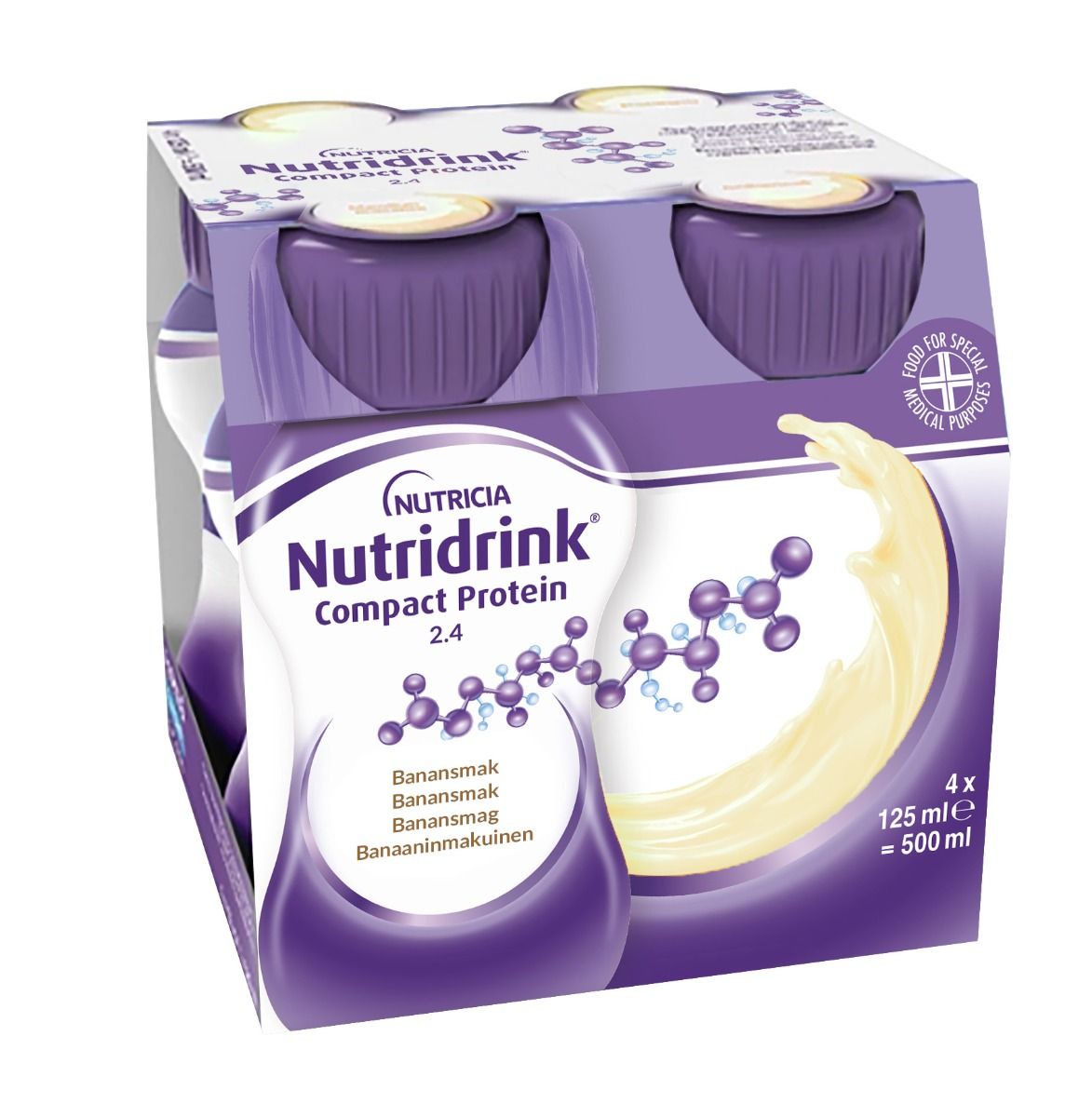 Nutridrink Compact Protein, banan, energi och proteinrikt kosttillägg 4 x 125 milliliter
