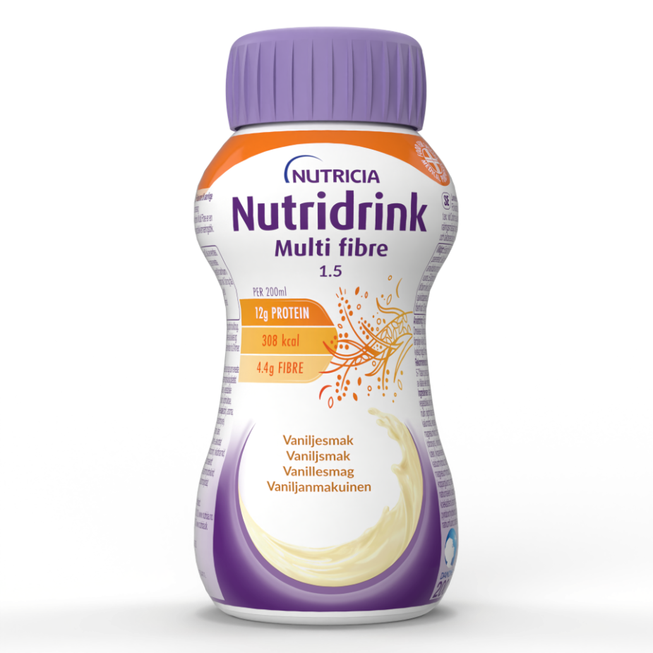 Nutridrink Multi Fibre, vanilj, energirikt, komplett kosttillägg med kostfiber 4 x 200 milliliter
