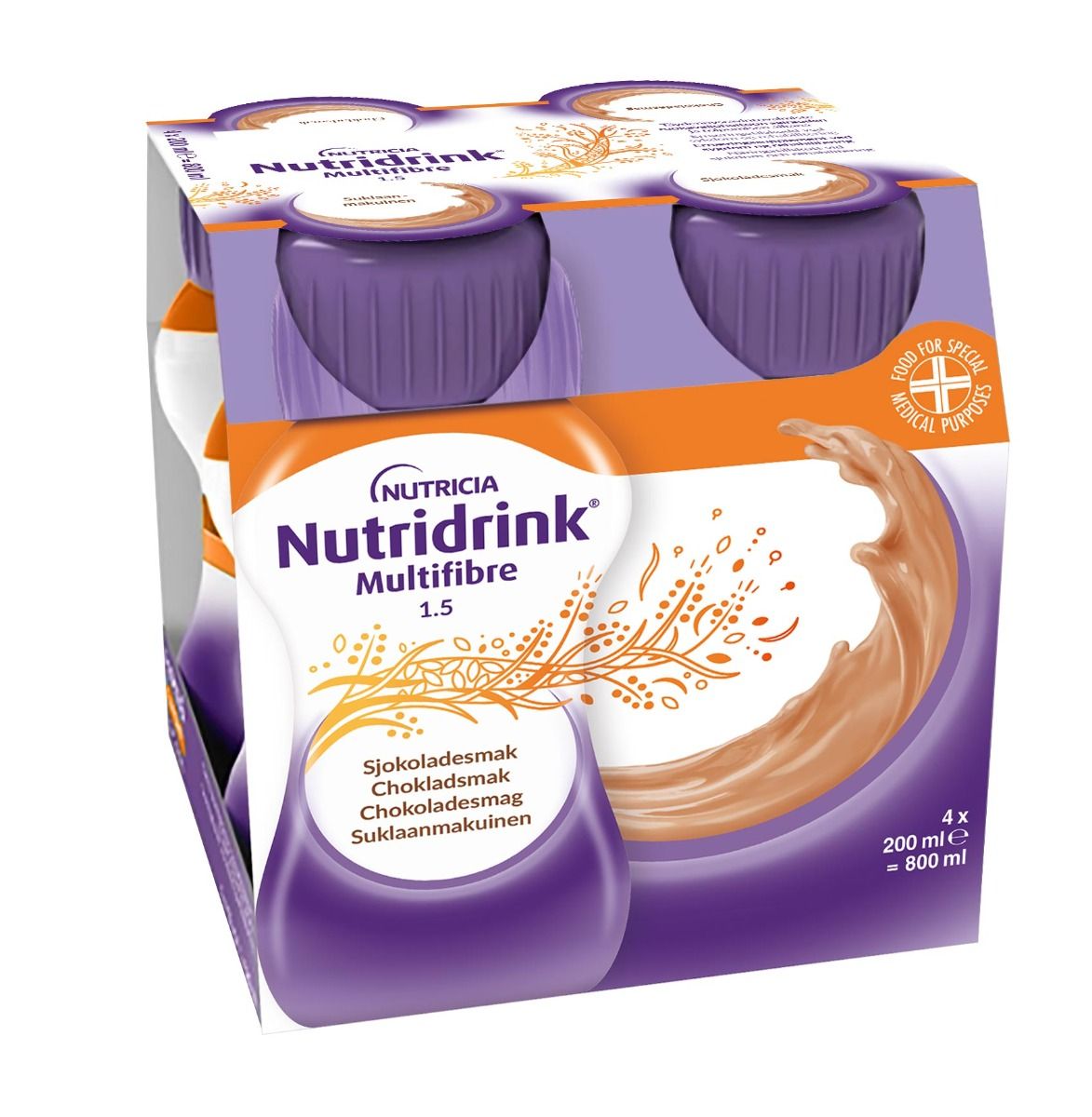 Nutridrink Multi Fibre, choklad, energirikt, komplett kosttillägg med kostfiber 4 x 200 milliliter