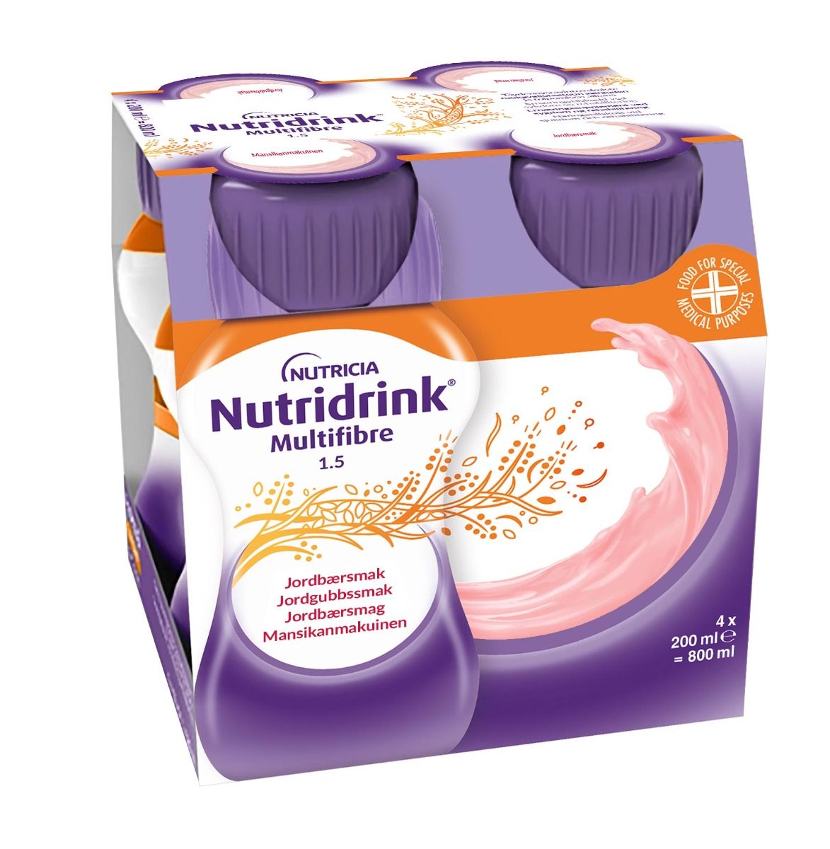 Nutridrink Multi Fibre, jordgubb, energirikt, komplett kosttillägg med kostfiber 4 x 200 milliliter