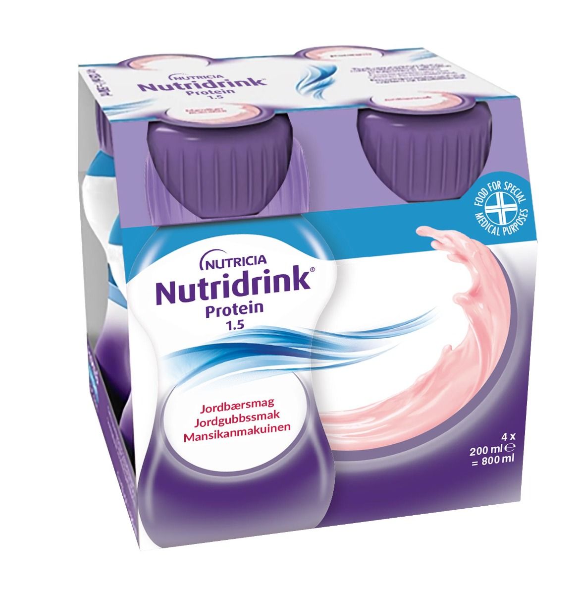Nutridrink Protein, jordgubb, energi och proteinrikt kosttillägg 4 x 200 milliliter