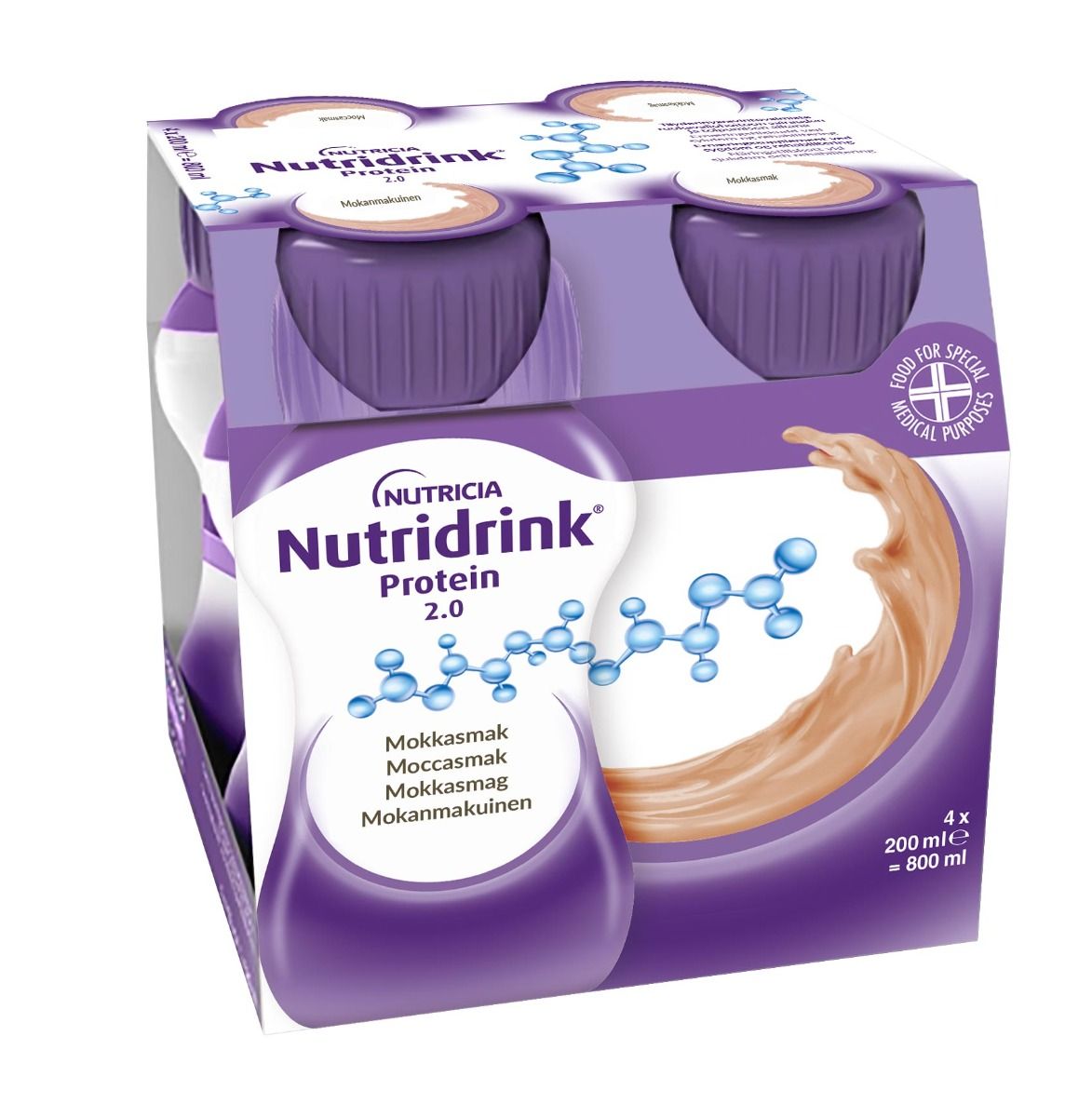Nutridrink Protein 2.0, mocca, extra energi och proteinrikt, 2 kcal/ml 4 x 200 milliliter