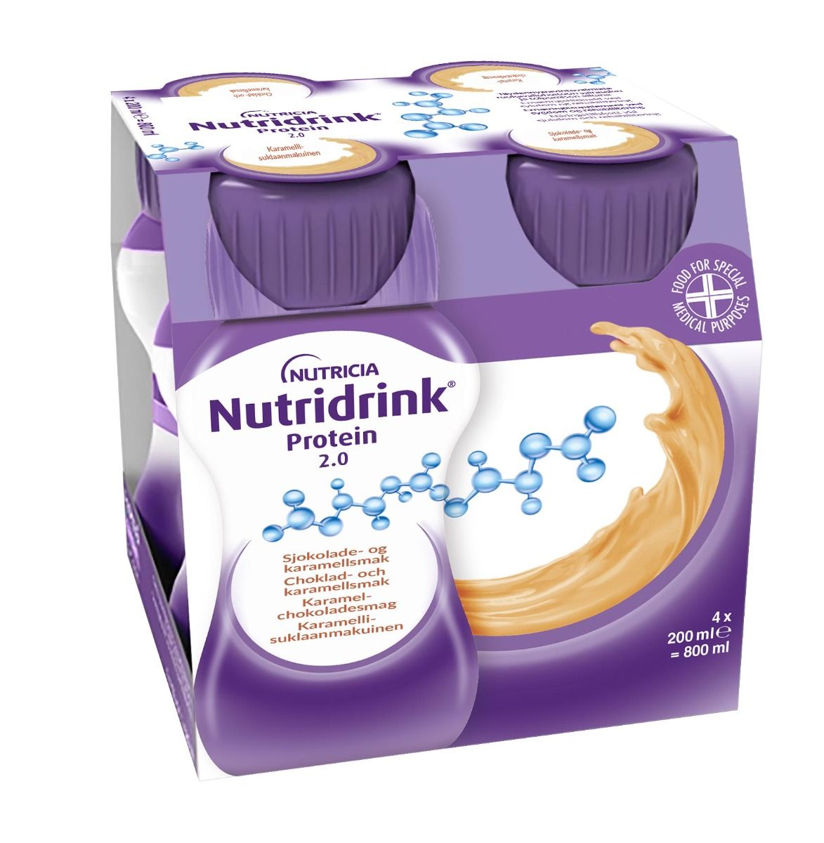 Nutridrink Protein 2.0 choklad-karamell, extra energi och proteinrikt, 2 kcal/ml 4 x 200 milliliter
