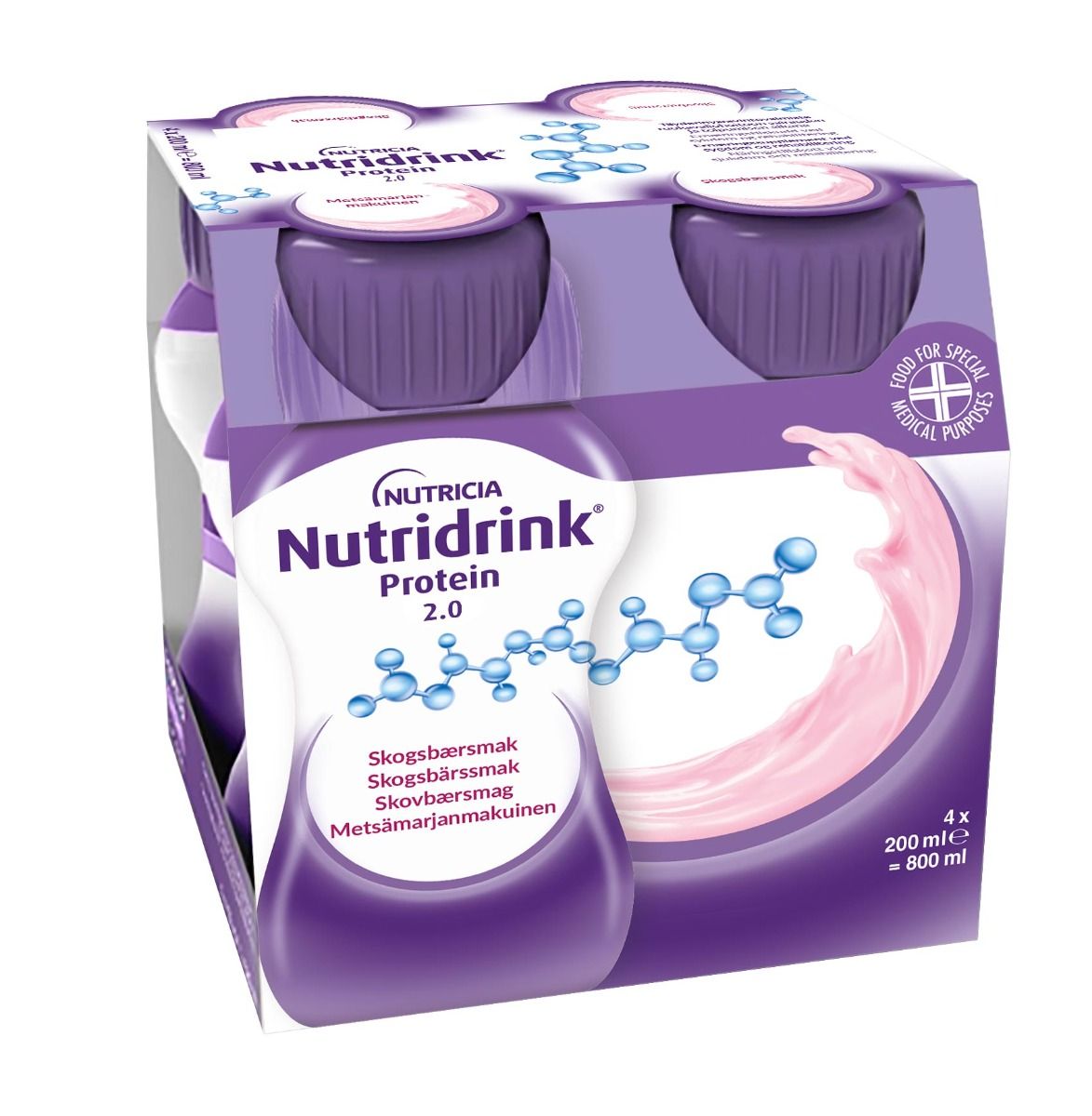Nutridrink Protein 2.0, skogsbär, extra energi och proteinrikt, 2 kcal/ml 4 x 200 milliliter