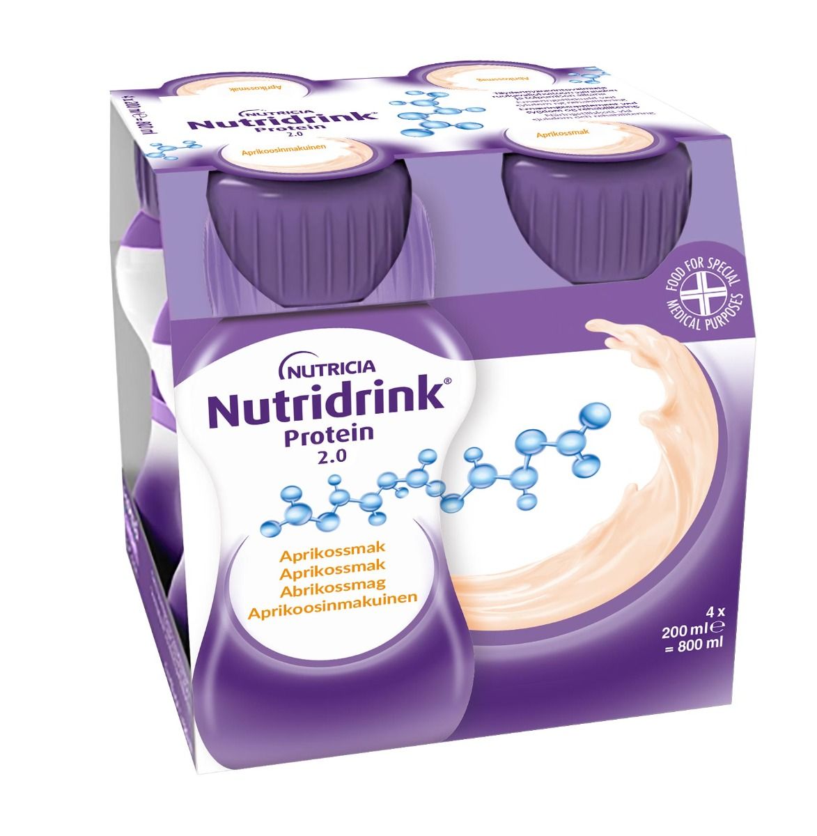 Nutridrink Protein 2.0, aprikos, extra energi och proteinrikt, 2 kcal/ml 4 x 200 milliliter