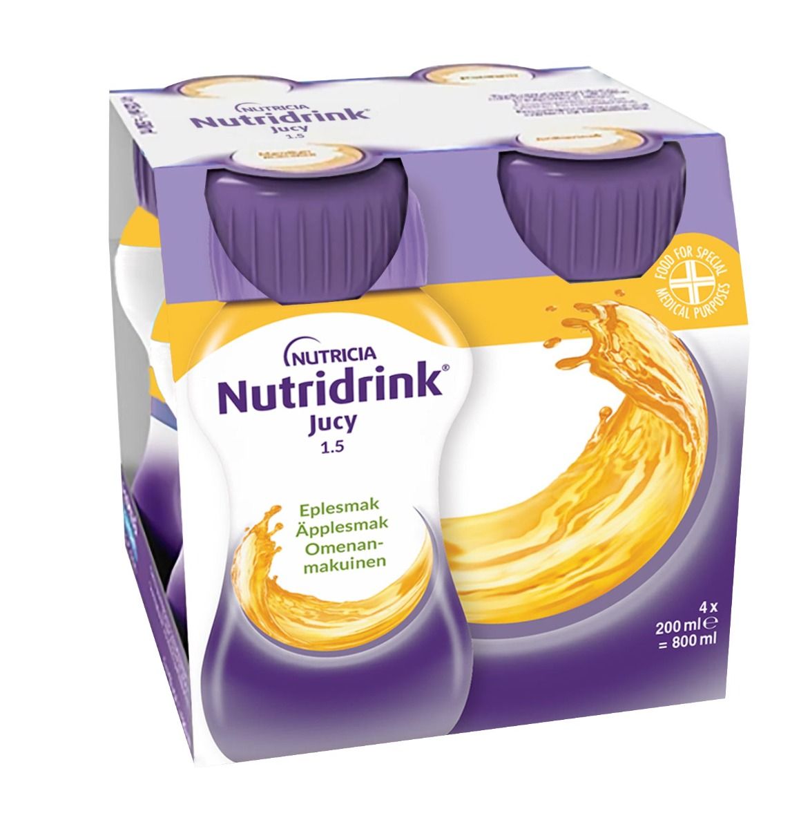 Nutridrink Jucy, äpple, energirikt kosttillägg, klar, fettfri 4 x 200 milliliter