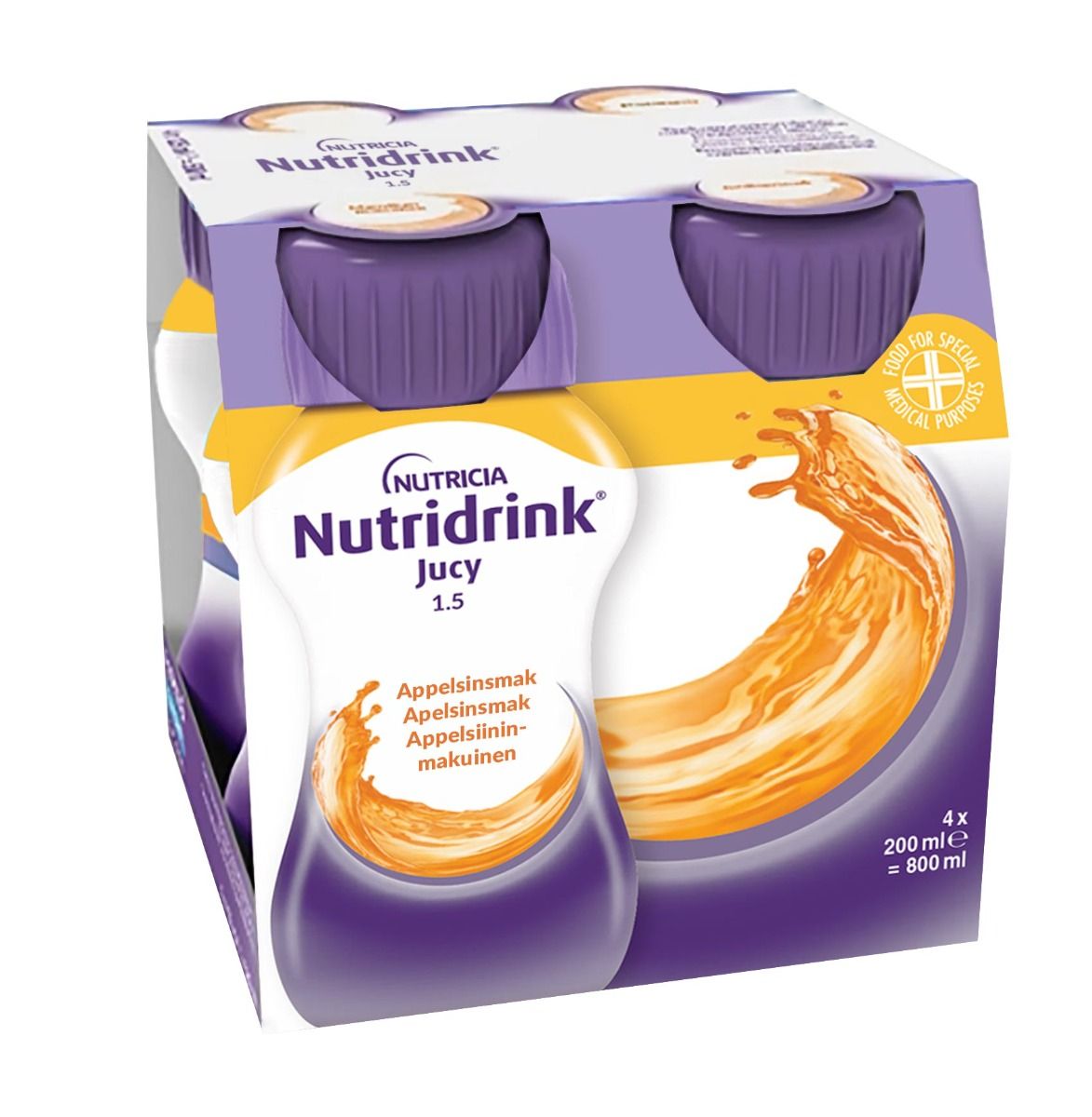Nutridrink Jucy, apelsin, energirikt kosttillägg, klar, fettfri 4 x 200 milliliter