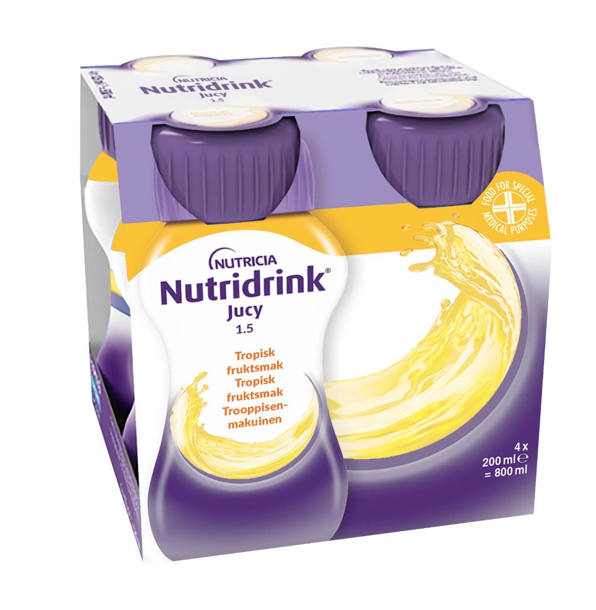 Nutridrink Jucy, tropisk, energirikt kosttillägg, klar, fettfri 4 x 200 milliliter