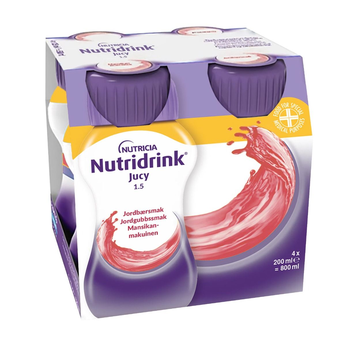 Nutridrink Jucy, jordgubb, energirikt kosttillägg, klar, fettfri 4 x 200 milliliter