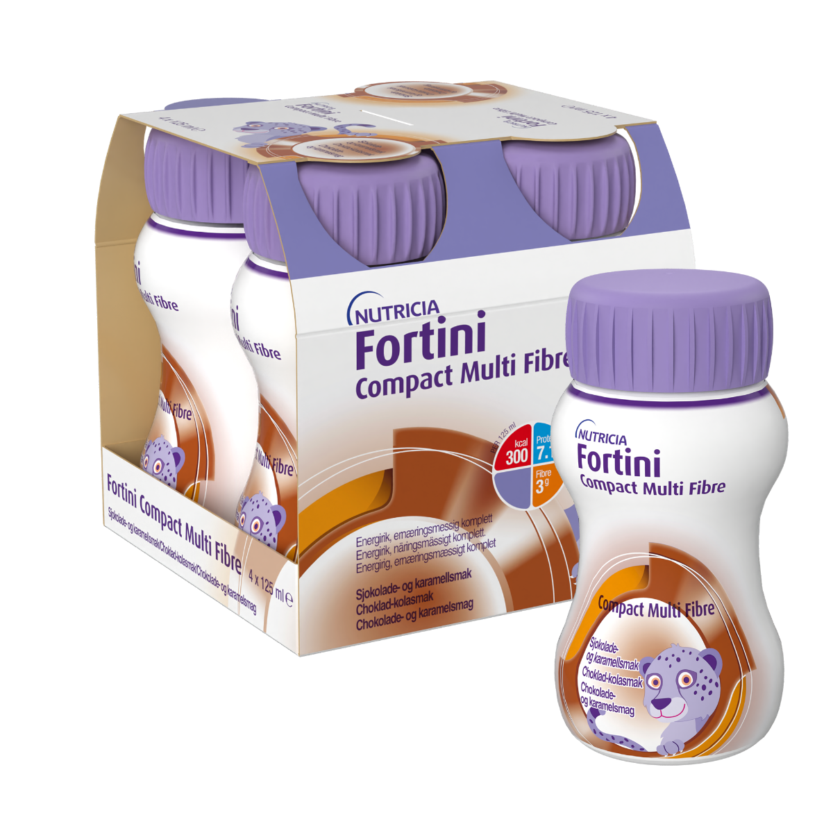 Fortini Compact MultiFibre  komplett barnkosttillägg choklad-kola 4 x 125 milliliter