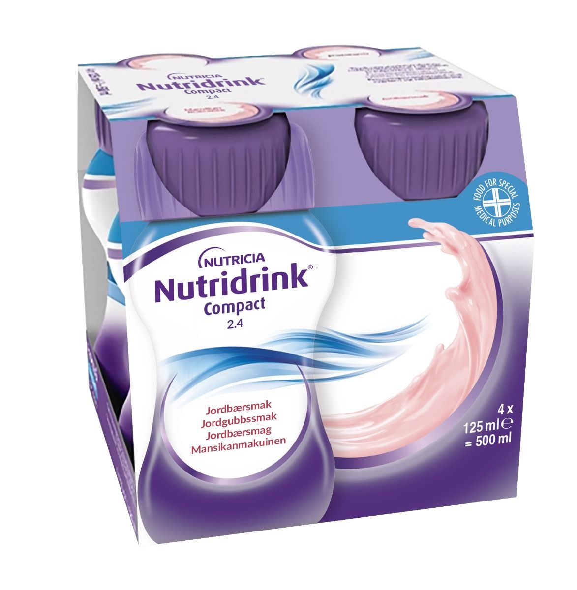 Nutridrink Compact, jordgubb, energirikt, komplett kosttillägg i liten volym 4 x 125 milliliter