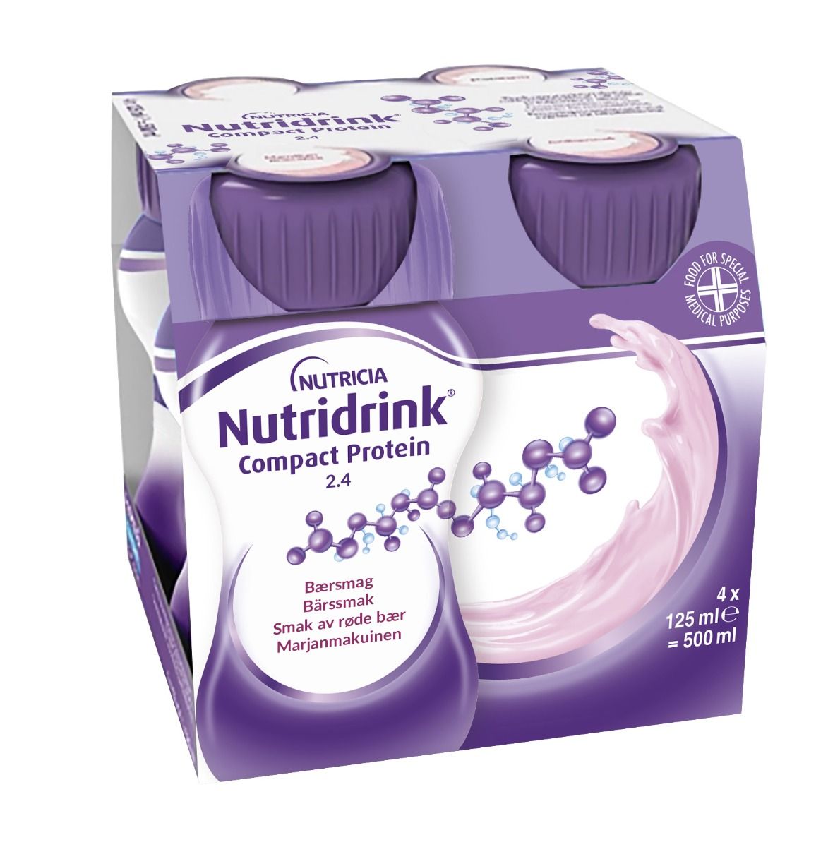 Nutridrink Compact Protein, röda bär, energi och proteinrikt kosttillägg 4 x 125 milliliter