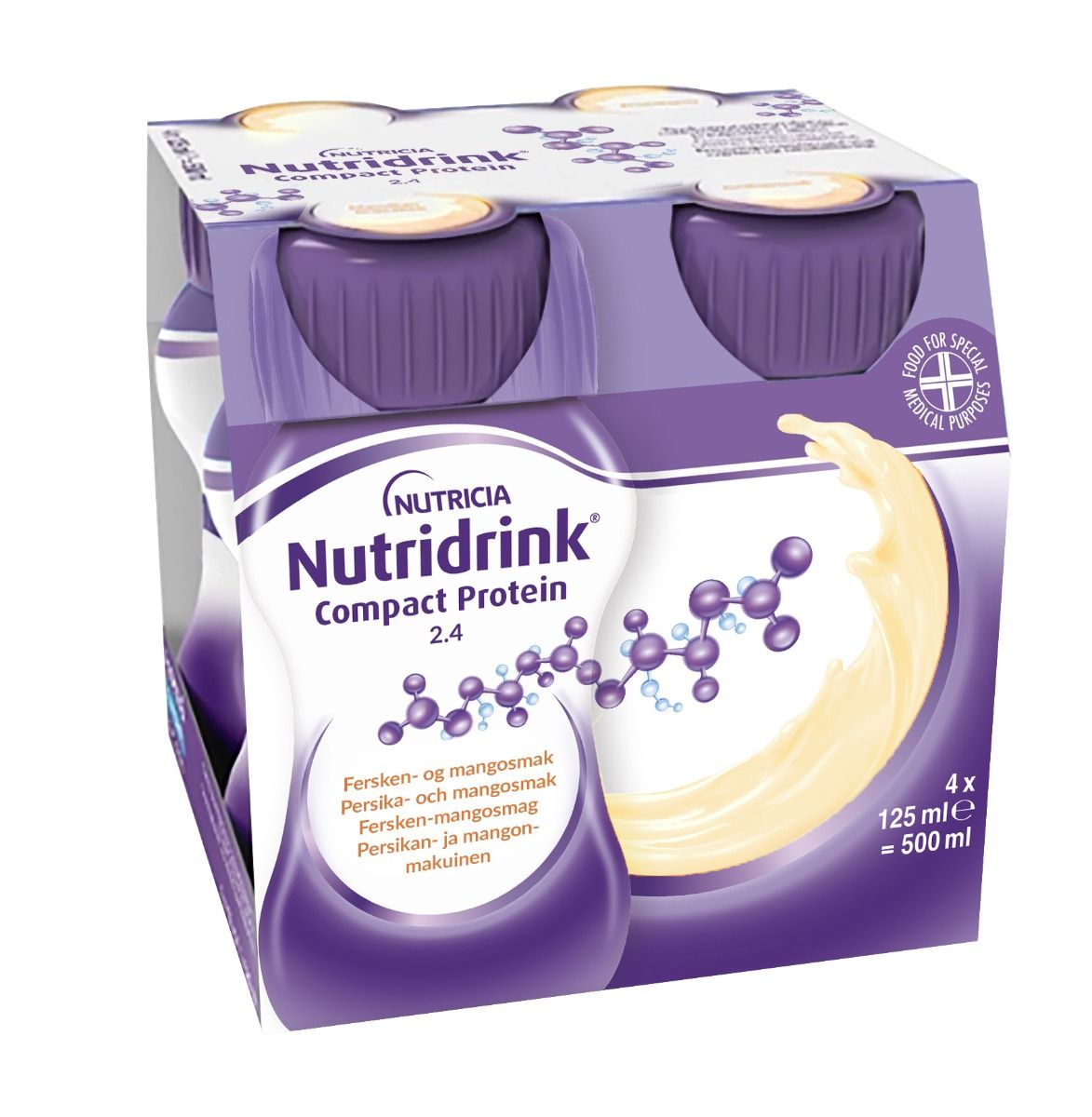 Nutridrink Compact Protein, persika-mango, energi och proteinrikt kosttillägg 4 x 125 milliliter