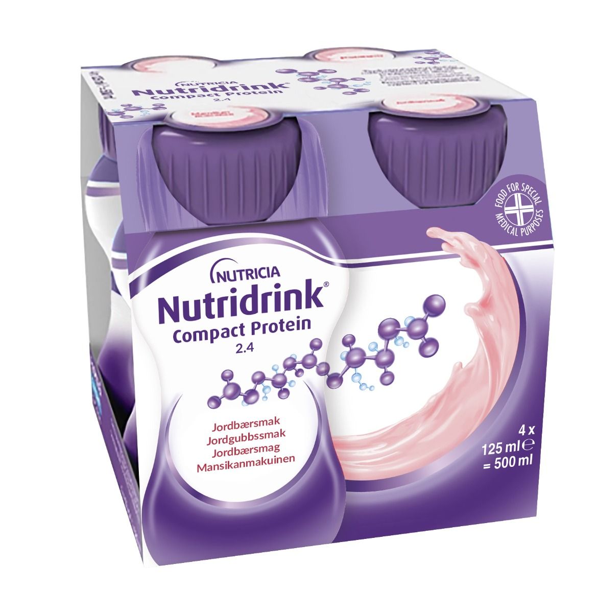 Nutridrink Compact Protein, jordgubb, energi och proteinrikt kosttillägg 4 x 125 milliliter