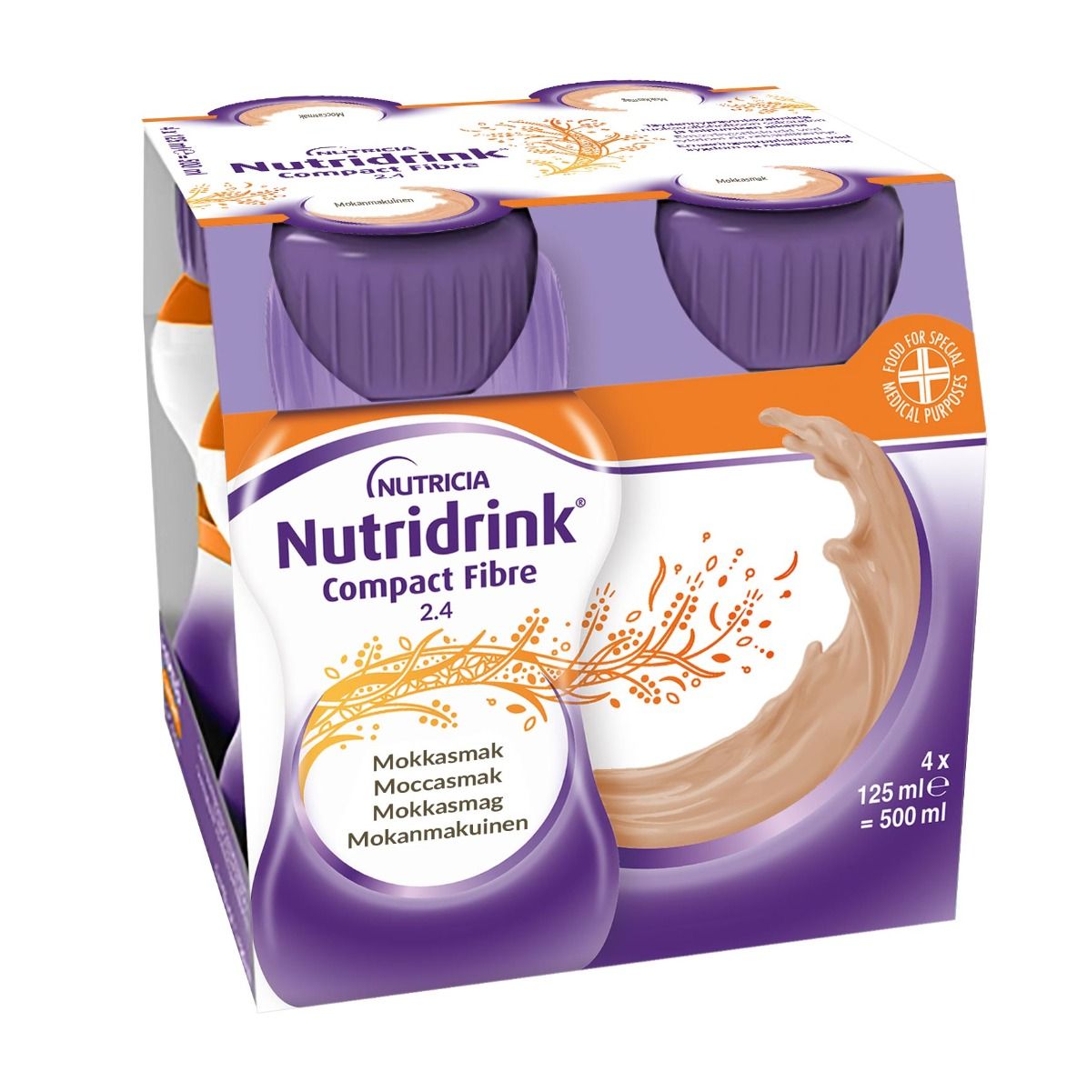 Nutridrink Compact Fibre, mocca, energirikt, komplett med kostfiber 4 x 125 milliliter