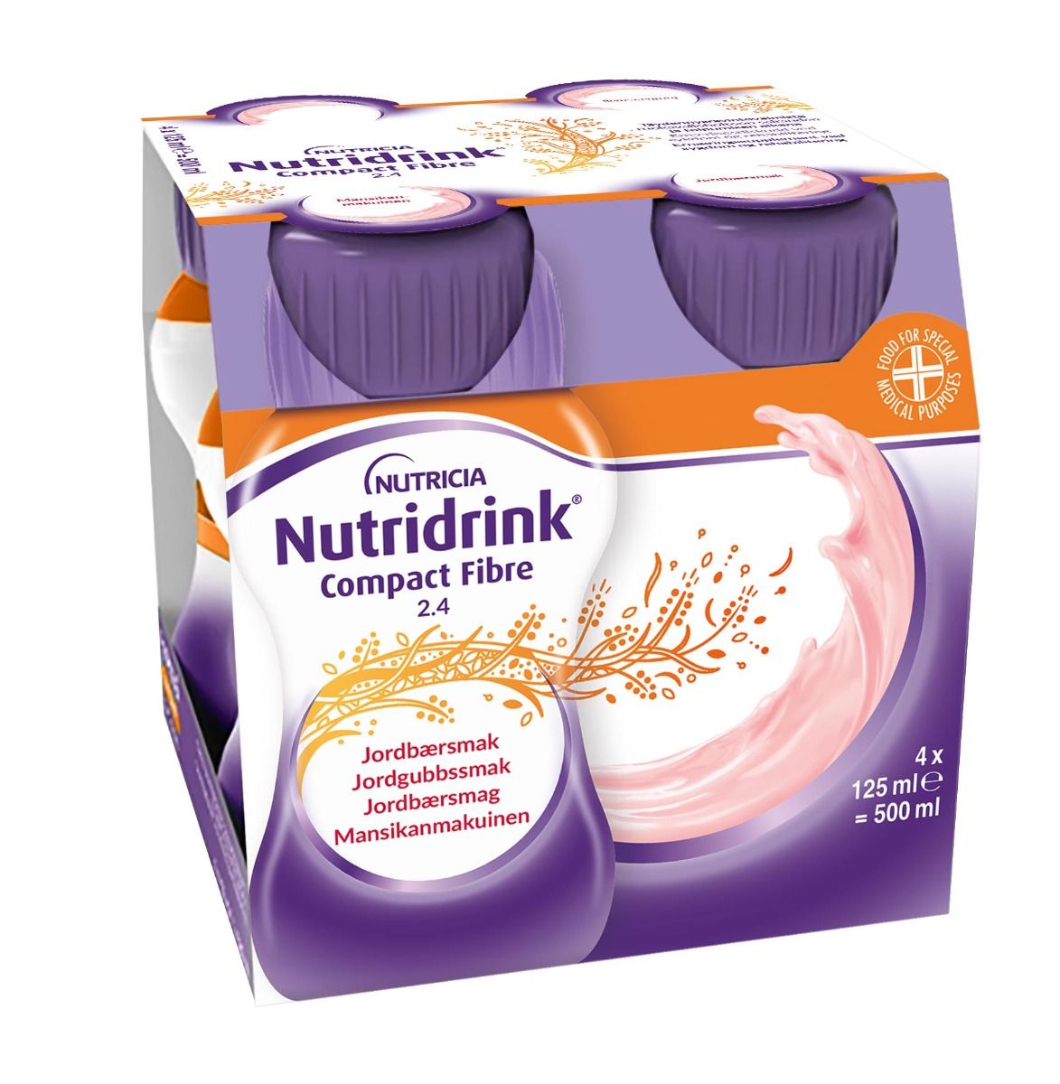 Nutridrink Compact Fibre, jordgubb, energirikt, komplett med kostfiber 4 x 125 milliliter