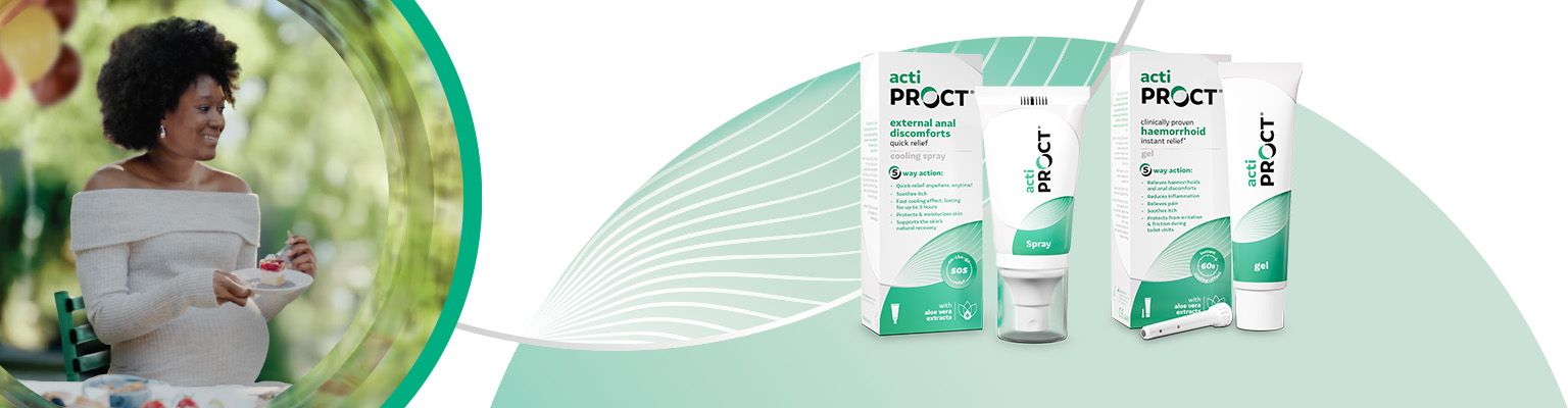 Mörkhårig gravid kvinna i vit tröja äter dessert. Till höger visas två produkter från ActiProct som hjälper vid hemorrojder och ändtarmsbesvär. 