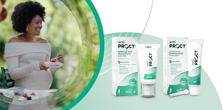 Mörkhårig gravid kvinna i vit tröja äter dessert. Till höger visas två produkter från ActiProct som hjälper vid hemorrojder och ändtarmsbesvär. 