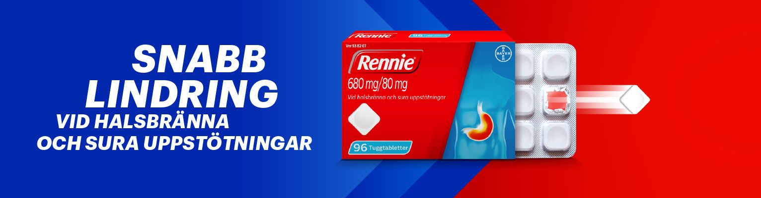 En förpackning Rennie mot en blå och röd bakgrund