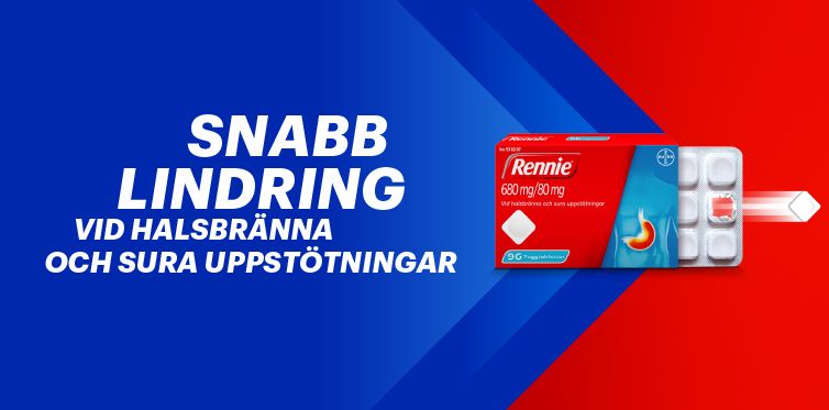 En förpackning Rennie mot en blå och röd bakgrund