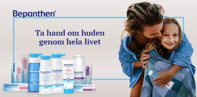 En mamma håller om sitt barn samt hudvårdsprodukter från Bepanthen