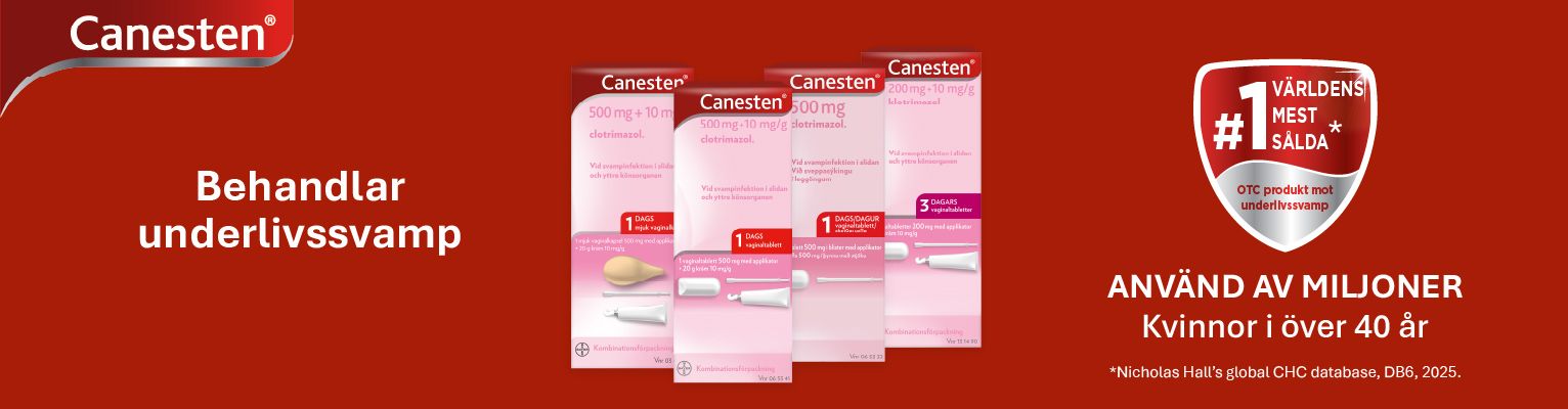 Fyra förpackningar av produkten Canesten som är mot underlivssvamp