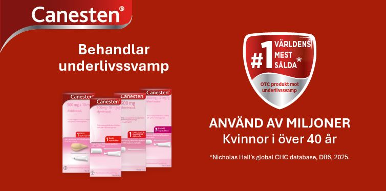Fyra förpackningar av produkten Canesten som är mot underlivssvamp