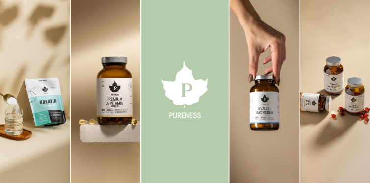 Olika f&ouml;rpackningar kosttillskott fr&aring;n varum&auml;rket Pureness