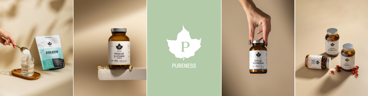 Olika f&ouml;rpackningar kosttillskott fr&aring;n varum&auml;rket Pureness