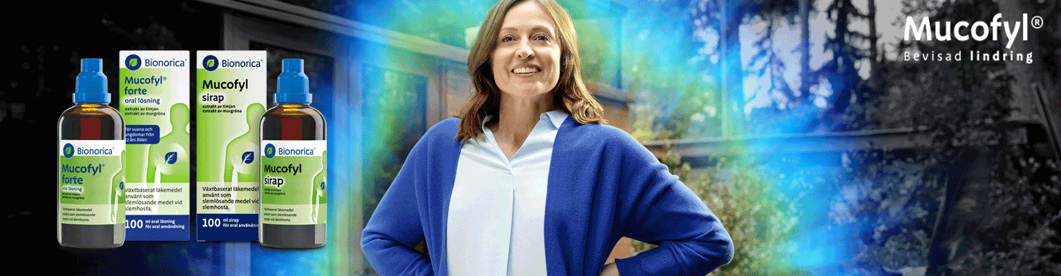 Kvinna i blå kofta och produkter från Mucofyl