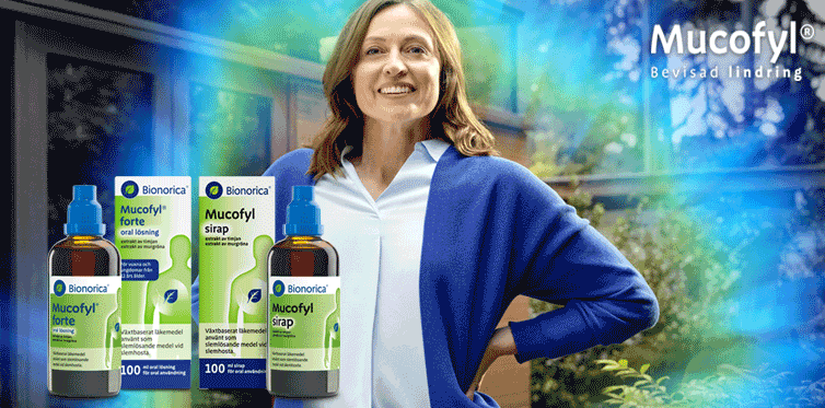 Kvinna i blå kofta och produkter från Mucofyl