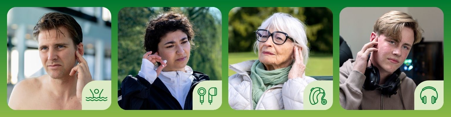 Fyra olika personer håller sig för örat