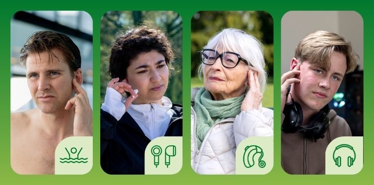 Fyra olika personer håller sig för örat