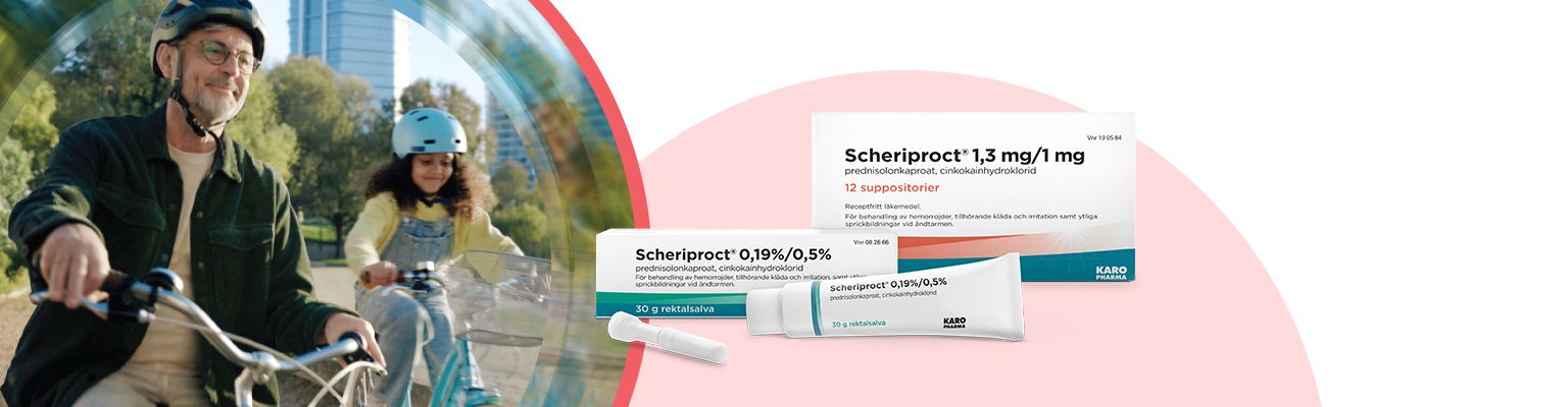 Äldra man och en flicka cyklar. Till höger visas två Scheriproct produkter - receptfria läkemedel för behandling av hemorrojder