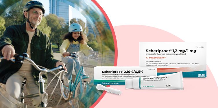 Äldra man och en flicka cyklar. Till höger visas två Scheriproct produkter - receptfria läkemedel för behandling av hemorrojder